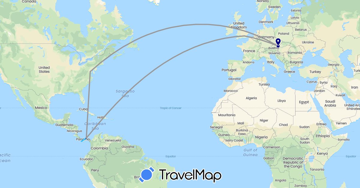 TravelMap itinerary: driving, plane, boat in Austria, United Kingdom, Panama, United States (Europe, North America)
